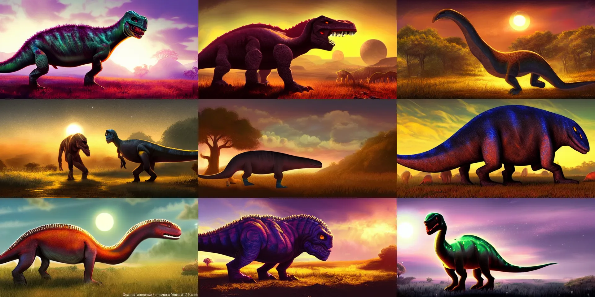 Prompt: luminous psionic dinosaur on the savannah during golden hour, fantasy concept art