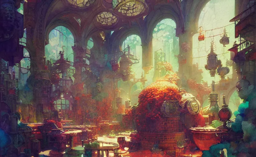 Image similar to alchemy laboratory, fantasy. intricate, amazing composition, colorful watercolor, by ruan jia, by maxfield parrish, by marc simonetti, by hikari shimoda, by robert hubert, by zhang kechun, illustration, gloomy