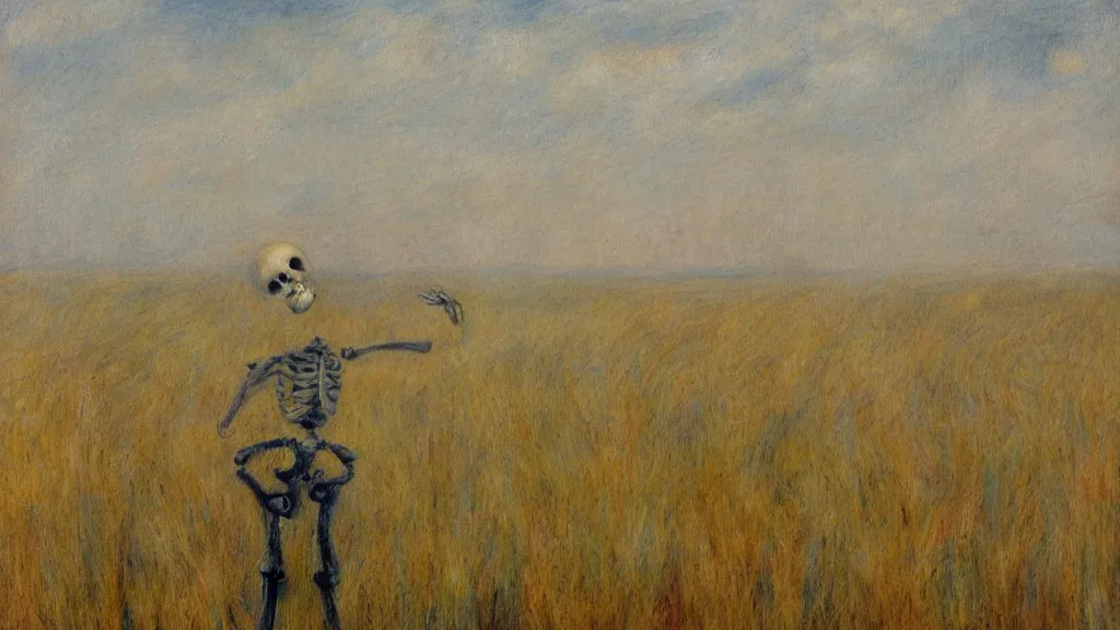 Image similar to a skeleton standing in a stomry, foggy wheat field in style of pierre - auguste renoir,, fine details,