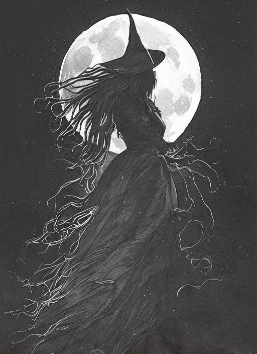 Image similar to portrait, silhouette of a witch in front of the full big moon, watercolor, dramatic lighting, cinematic, establishing shot, extremly high detail, foto realistic, cinematic lighting, pen and ink, intricate line drawings, by Yoshitaka Amano, Ruan Jia, Kentaro Miura, Artgerm, post processed, concept art, artstation, matte painting, style by eddie mendoza, raphael lacoste, alex ross