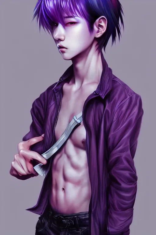 Image similar to gorgeous!!! hyper - realistic teenager boy with purple hair, purple eyes with red eye markets, slim body, wearing combat japanese clothes, holding a fan | drawn by wlop, drawn by jeehyung lee, drawn by artgerm | intricate, highly detailed, digital painting, character design, concept art, illustration, artstation