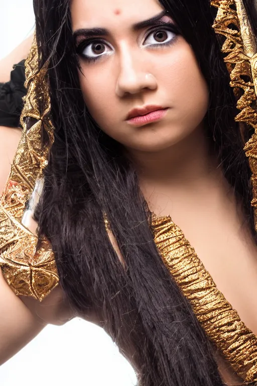 Prompt: close up headshot of young greek italian woman as ramayana, cosplay, studio lighting