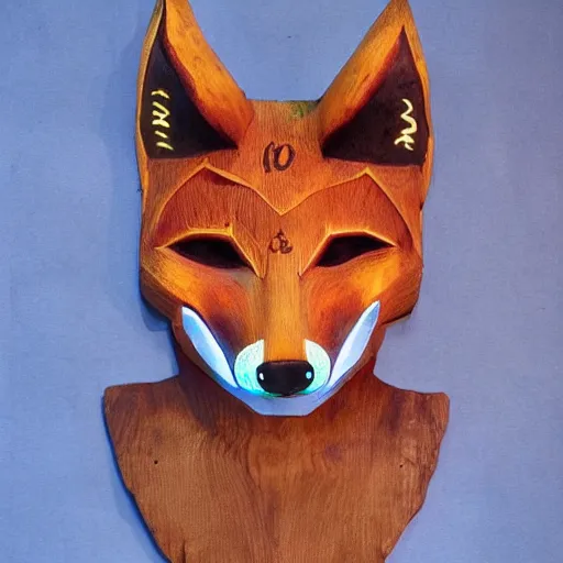 Image similar to Vulpine God of Trickery; An enormous fox with ancient glowing runes on its body and wearing a mask of wood resembling a fox's face