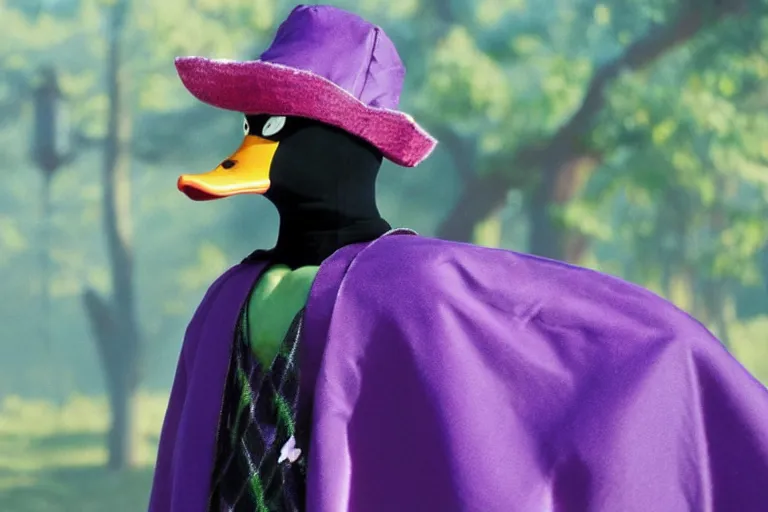 Image similar to duck wearing purple hat and cape and zoro mask by Roger Deakins