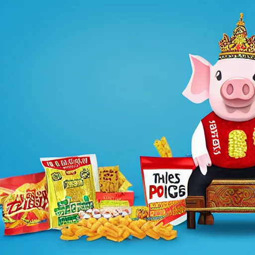 Image similar to photo realistic pig king on throne surrounded snack food bags, realistic, award winning, cinematic