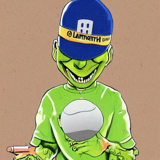 Image similar to a eminem,marshal mathers, slim shady tennis ball monster, tennis ball, lightning, chalk, digital art, fantasy, magic, trending on artstation, ultra detailed, professional illustration by Basil Gogos