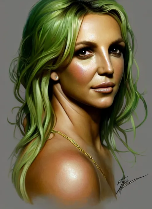 Image similar to britney spears, kim kardashian, intricate, highly detailed, green skin!, digital painting, artstation, concept art, smooth, sharp focus, illustration, art by artgerm and greg rutkowski and alphonse mucha