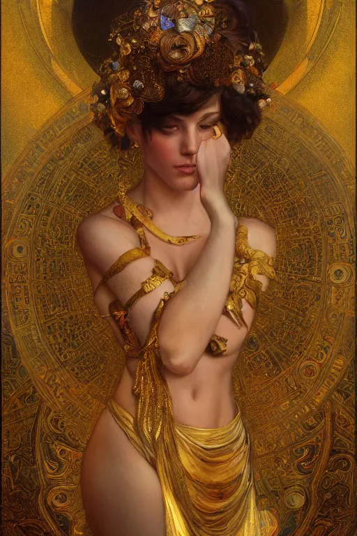 Image similar to an intricate artistic pose painting of a beautiful young goddess with an artistic sensual pose with klimt golden motives and textures, hyper detailed, ornamental gold headpiece, octane render, vivid colors, artstation, by jeremy mann, by alphonse mucha, by boris vallejo