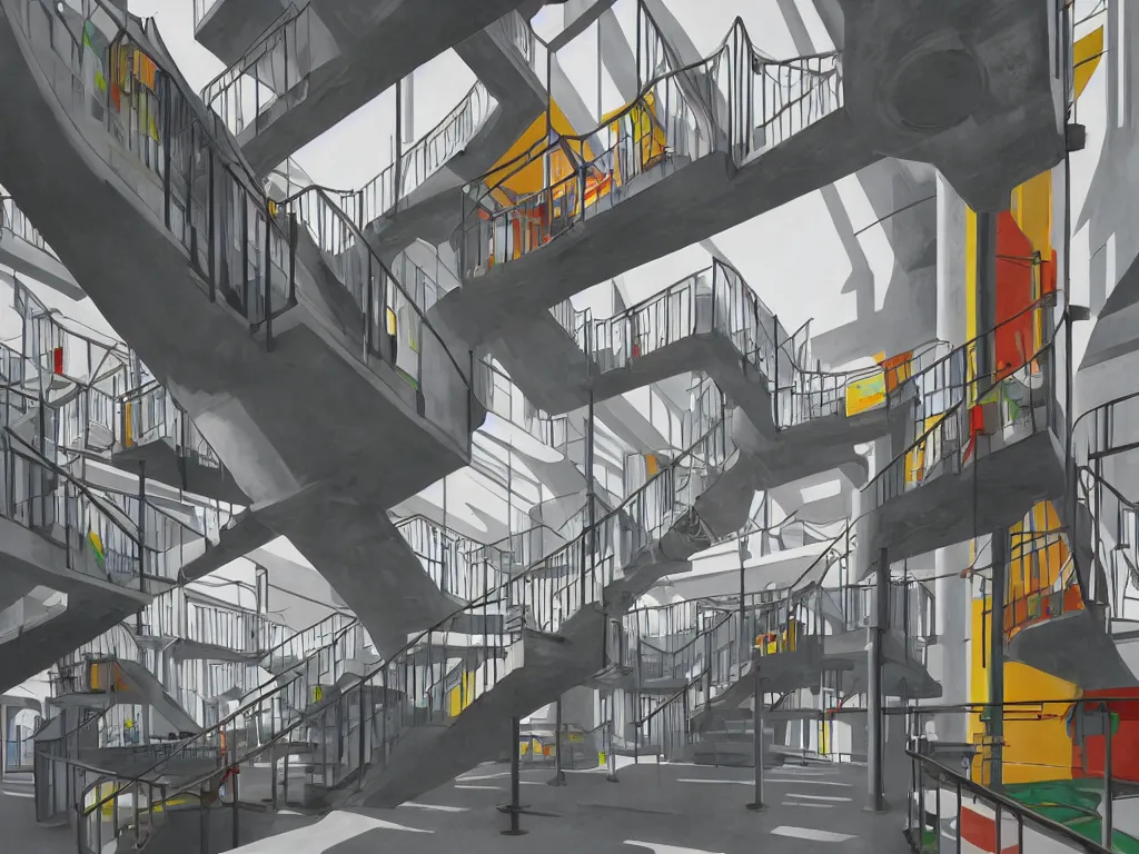 Image similar to colorful minimalist industrial interior Escher staircases with monolithic pillars in the style of ridley scott and stanley kubrick, impossible stijl architecture, ultra wide angle view, realistic detailed painting by edward hopper