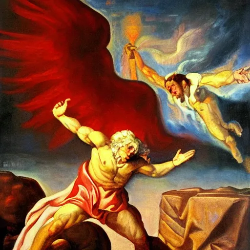Prompt: God battling the devil in heaven,oil painting