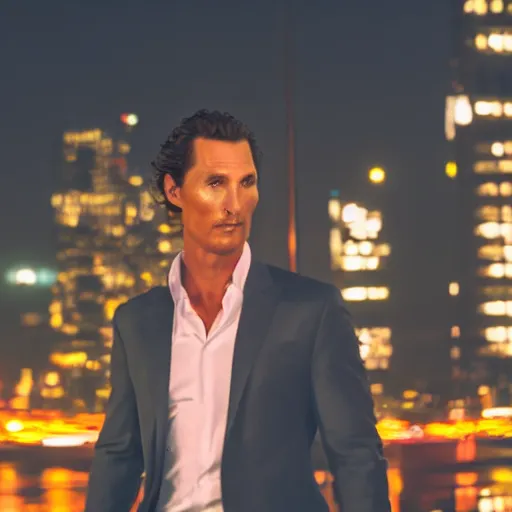 Image similar to a still of matthew mcconaughey . Shallow depth of field. City at night in background, lights, colors ,studio lighting, mood, 4K. Profession photography