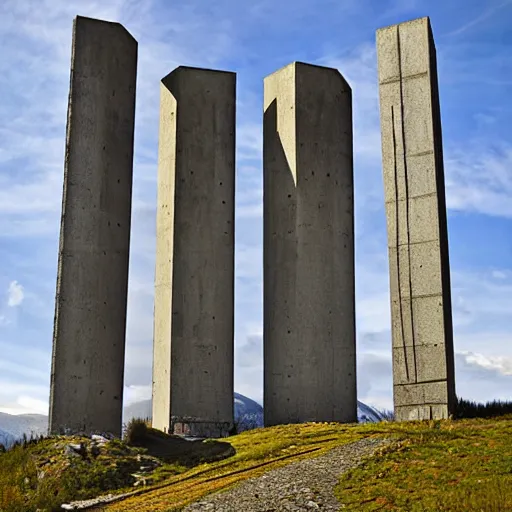 Image similar to brutalist concrete spomenik structure, in the mountains, taiga, by Henri Matisse