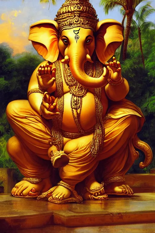 Image similar to Lord Ganesha, golden hour, near a tropical pool, artstation, by J. C. Leyendecker and Peter Paul Rubens,