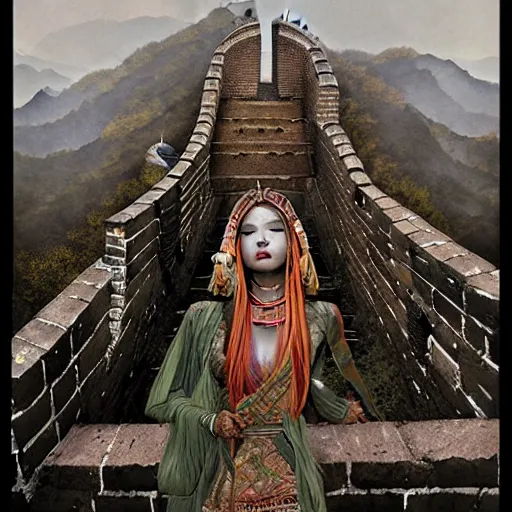 Image similar to Apsaras warrior guarding the Great Wall,traditional Chinese textures, hyper detailed, smooth,by Brook Shaden