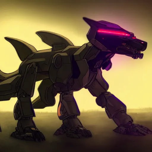 Image similar to highly detailed cinematic full body shot of a mecha canine, sharp claws, detailed maw, sleek armor, glowing visor, charging through city, digital art, furry art, furaffinity, deviantart, dragon art