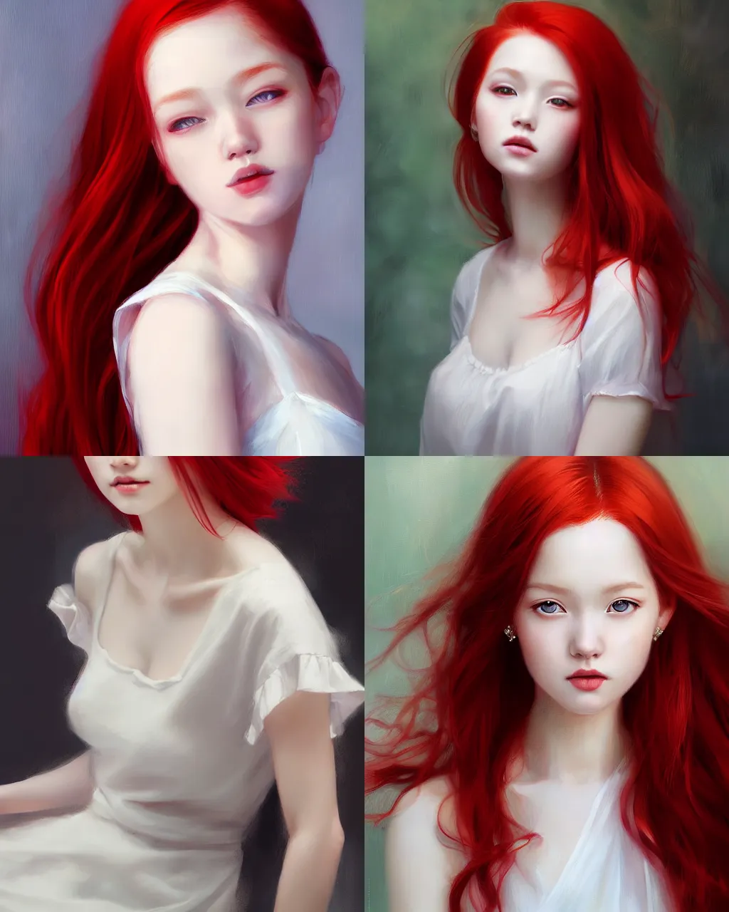 Image similar to girl with red hair and white dress, a beautiful portrait, soft painting, by stanley artgerm lau, wlop, rossdraws, lerapi, and sakimichan