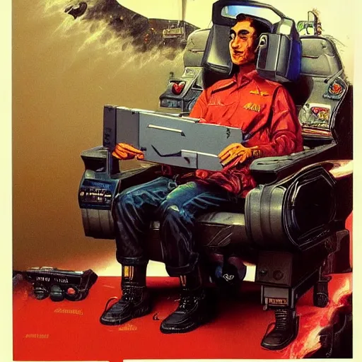 Image similar to king of saudi arabia playing video games. foggy black background. highly detailed science fiction painting by norman rockwell, frank frazetta, syd mead and moebius. rich colors, high contrast, gloomy atmosphere, dark background. trending on artstation