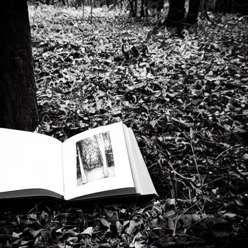 Prompt: book on the ground of the woods, horror, scary, dramatic lighting, shadows, monster