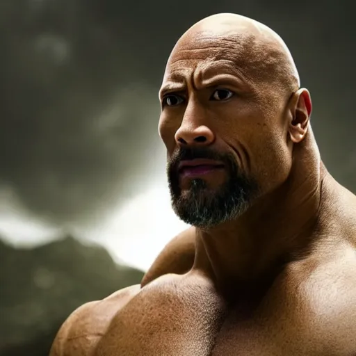 Prompt: a still portrait dwayne johnson as a bald green all over incredible hulk with a beard, cinematic, shallow depth of field