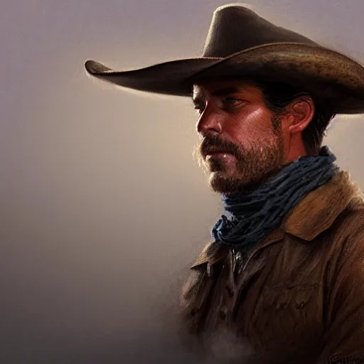 Image similar to portrait of a cowboy in the old west, sharp focus, intricate, elegant, digital painting, artstation, matte, highly detailed, concept art, illustration, volumetric lighting, art by greg olsen and liz lemon swindle