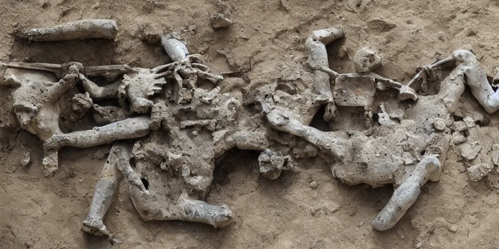 Prompt: archeological discovery of preserved remains of knights from a battle