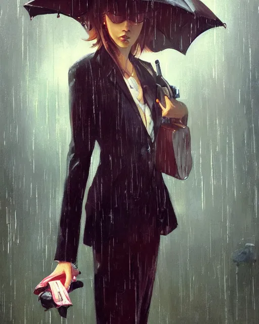 Image similar to A ultradetailed beautiful portrait panting of a stylish girl standing in the rain, she is holding a handgun ,side view, Oil painting, by Ilya Kuvshinov, Greg Rutkowski and Makoto Shinkai