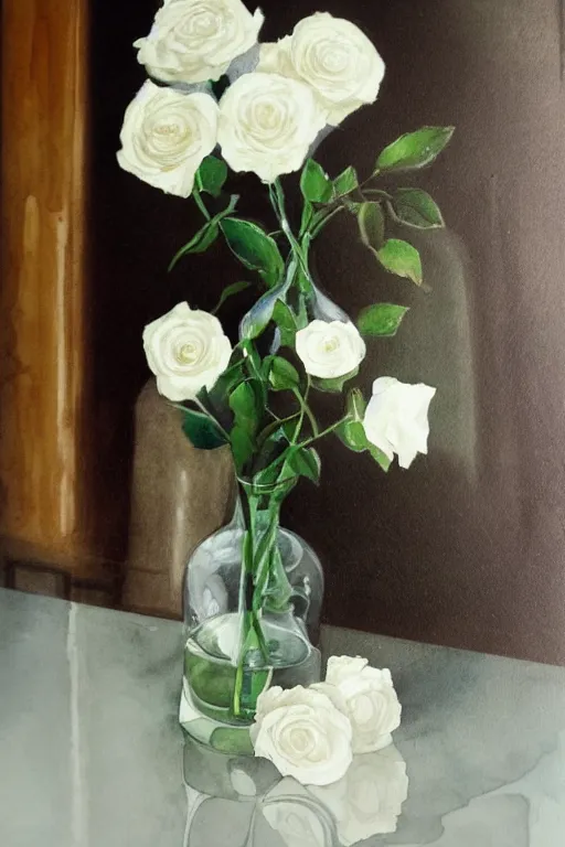 Prompt: white roses and glass vass, water color, dramatic lighting, still life, morandi color, detailed