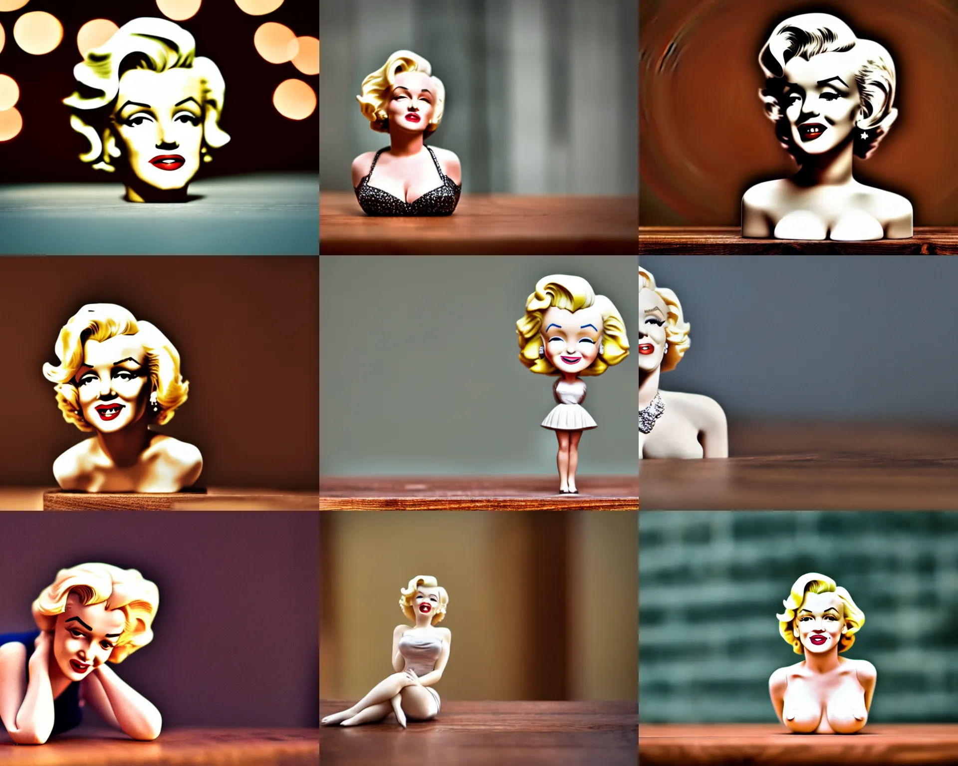 Prompt: marilyn monroe figurine by pixar sad bokeh on wooden table.