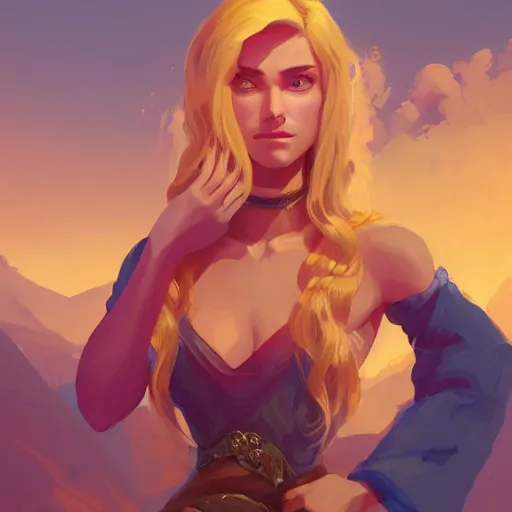 Image similar to beautiful blond woman portrait, maya ali mage, gloomhaven, dynamic lighting, gaudy colors, octane render aesthetic, matte painting concept art, official fanart behance hd artstation by jesper ejsing, by rhads and makoto shinkai and lois van baarle and ilya kuvshinov and rossdraws