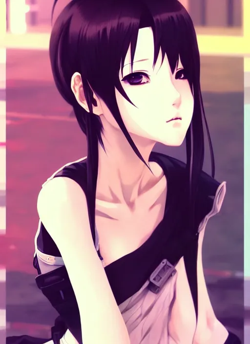 Image similar to portrait of beautiful young anime girl, cute-fine-face, realistic shaded, Perfect face, fine details. Anime, cyberpunk, Final fantasy, tifa, highly detailed, artstation, illustration, art by Ilya Kuvshinov and Gustav Klimt