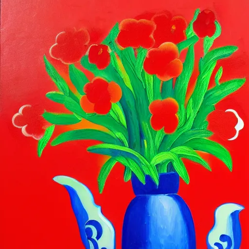 Image similar to a painting of red flowers in a red vase, a gouache by tom wesselmann, pixabay contest winner, naive art, acrylic art, oil on canvas, fauvism