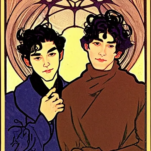 Prompt: tarot card of young cute handsome beautiful dark medium wavy hair man in his 2 0 s named shadow taehyung and cute handsome beautiful min - jun together at the halloween party, bubbling cauldron, candles, smoke, autumn colors, elegant, stylized, soft facial features, delicate facial features, art by alphonse mucha, vincent van gogh, egon schiele