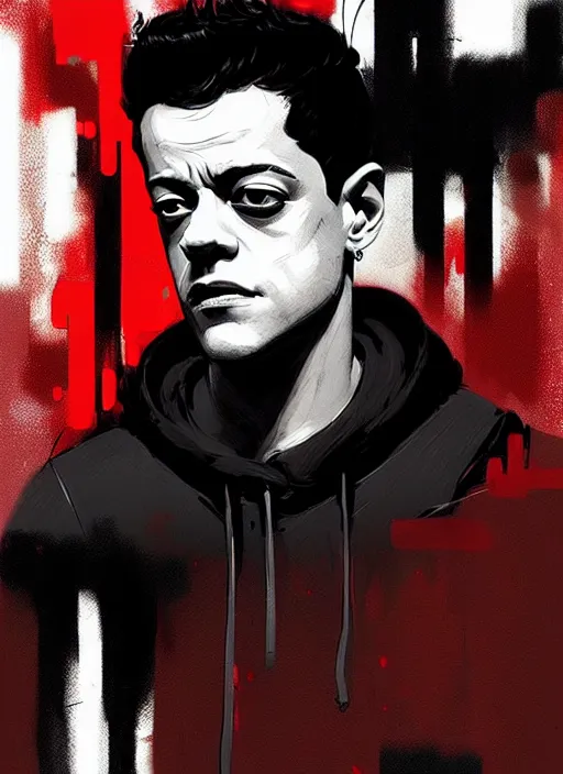 Image similar to highly detailed closeup portrait of rami malek, elliot alderson, black hoody by atey ghailan, by greg rutkowski, by greg tocchini, by james gilleard, by joe fenton, by kaethe butcher, gradient red, black and white color scheme, grunge aesthetic!!! ( ( graffiti tag wall background ) )