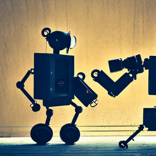 Prompt: fight between robot and photographer