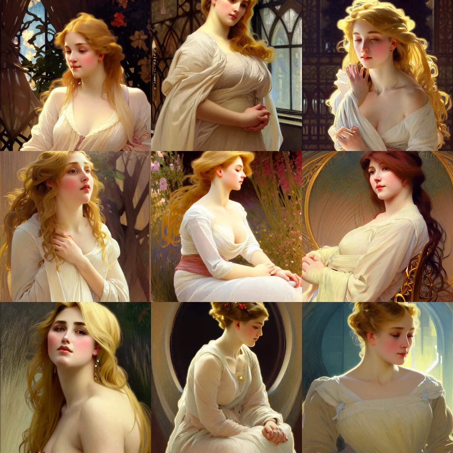 Prompt: painted portrait of a shy wife blessed by god with ever - increasing intelligence beauty and virtue. blonde, modest curvy holy body, light effect. feminine, powerful, in clothes! intricate, elegant, highly detailed, digital painting, artstation, concept art, smooth, sharp focus, illustration, art by gaston bussiere and alphonse mucha