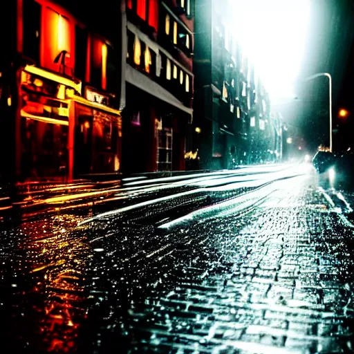 Prompt: Close-up photograph of the city street, night time, dark, raining, f/8.0
