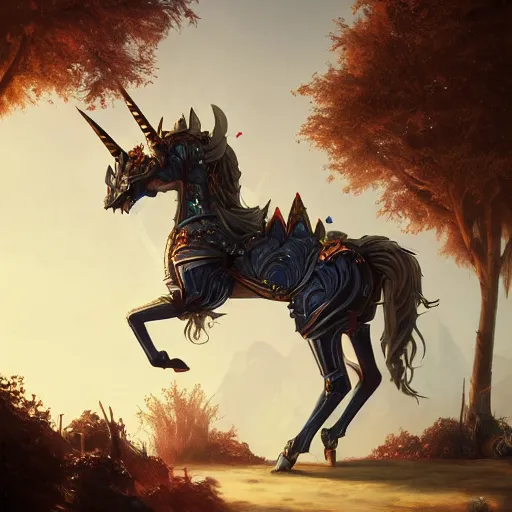 Image similar to a unicorn in a knights plate - armor, style of peter mohrbacher, unreal engine, octane render