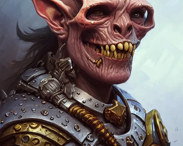 Prompt: a mind - blowing portrait of a goblin chieftain wearing a human skull, deep focus, d & d, fantasy, intricate, elegant, highly detailed, digital painting, artstation, concept art, matte, sharp, illustration, hearthstone, art by artgerm and greg rutkowski and alphonse mucha