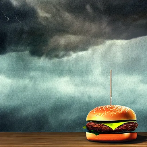 Image similar to a demonic burger, oil painting, thunderstorm, raindrops, cinematic, unreal engine