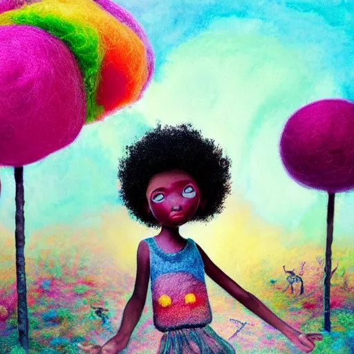 Image similar to a black girl with big cute! eyes and a colorful afro dancing in a filed of candy at sunset, bright colors, watercolor, volumetric wool felting, felt, macro photography, children illustration, global illumination, radiant light, detailed and intricate environment, by goro fujita, psychedelic surreal portrait, bokeh!!!!