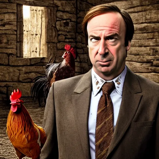 Image similar to saul goodman and a rooster in a medieval torture chamber, saw blades and knives in the background, horror movie, saul goodman, rooster!!!!, real life photo, highly detailed face