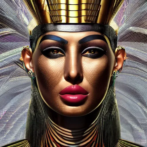 Image similar to half body portrait of the muscular Egyptian Android Pharaoh Queen, by DC comics and Sandra Chevrier and beeple, artstation, volumetric lighting and fog, hyperrealism, hyper detailed futuristic royalty, award winning costume design, cybernetic bionic ancient cyborg, fashion show runway, futuristic fine textures, woven with electricity, high fashion superpowers, floating dust particles, bokeh, mystic haze, 4k UHD, HDR