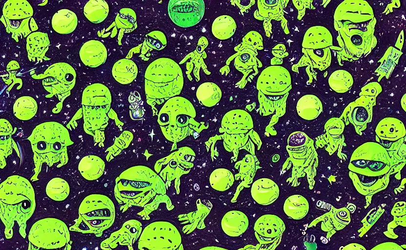 Prompt: an army of different green tennis ball monsters, in space, digital art, fantasy, magic, chalk, chalked, trending on artstation, ultra detailed, detailed, fine details, professional illustration by basil gogos