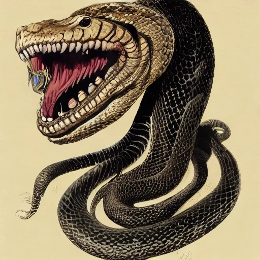 Prompt: coiled rattlesnake neck eyes fangs serpent serpent python wearing a lion lion costume neck tall long snake viper j.m.w. turner greg rutkowski giorgio de chirico william merritt chase ralph steadman arsen savadov dan witz uta natsume aquatint