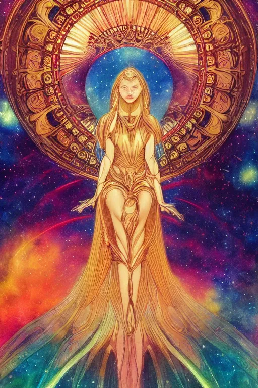 Prompt: beautiful goddess of space and dreams by artgerm, mandala, coherent design, symmetrical, trending on artstation, watercolor ink illustration, vivid color, complementary color, golden ratio, detailed, sharp lines, sharp focus, intricate, rainbowshift, gustave dore, maxfield parrish, alphonse mucha, octane render