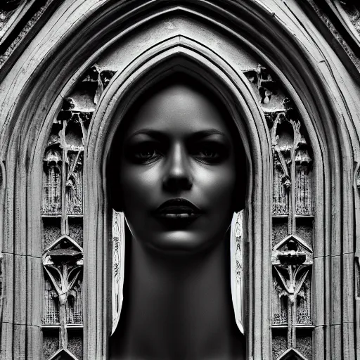 Prompt: architectural shot, no decaying lines, alabaster gothic cathedral, gothic black opal skin woman, macro head face