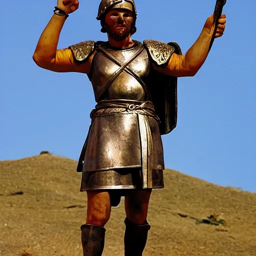 Prompt: roman soldier victorious on top of the a hill, phoenix