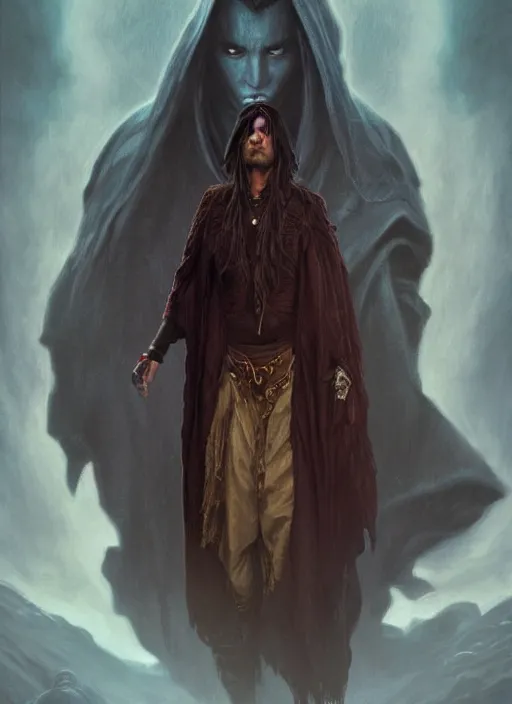 Image similar to Portrait of Johnny Depp, cloak, male, fantasy, extremely detailed, digital painting, artstation, concept art, smooth, sharp focus, illustration, stunning lighting, art by artgerm and greg rutkowski and alphonse mucha and simon stalenhag, realistic character concept, high fantasy, dark atmosphere, golden ratio, cinematic lighting, hyperdetailed, high resolution, insanely detailed and intricate, artstation, Marc Simonetti, Greg Rutkowski, 8k