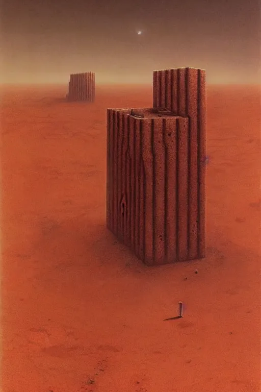 Image similar to brutalist architecture on mars, by zdzislaw beksinski, by dariusz zawadzki, by wayne barlowe, gothic, surrealism, cosmic horror, lovecraftian, cold hue's, warm tone gradient background, concept art, beautiful composition