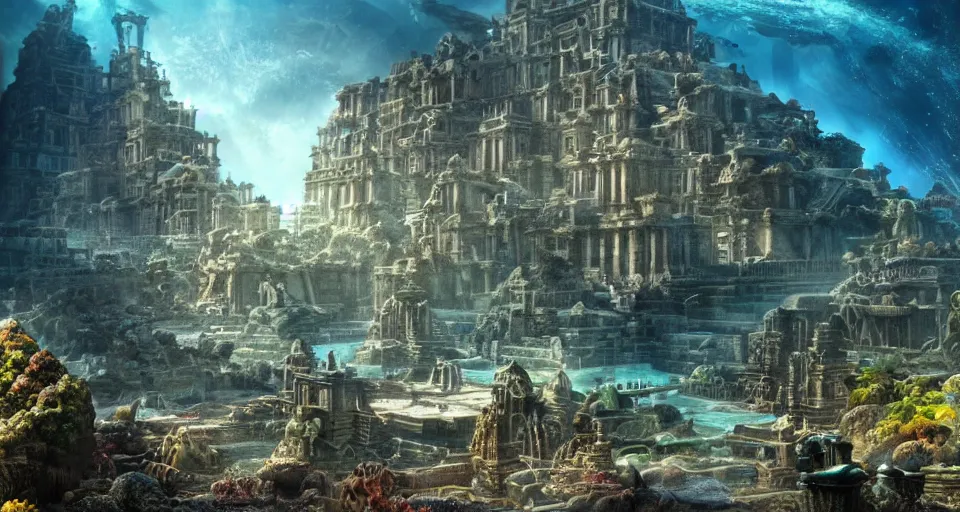 Image similar to a magnificent photo of the lost city of Atlantis, underwater, landscape, buildings, epic lighting, hyper detailed, 4K